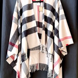NEW Burberry Red and Cream Checkered Cape  -Merino cashmere wool